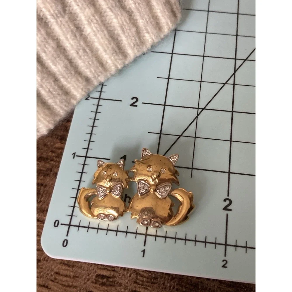 Gold Tone Cat Brooch Pin Rhinestone‎ Bow Mother Kitten Whimsical Novelty